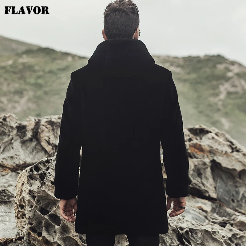 Мужское пальто с настоящим мехом овчины FLAVOR тренчкот капюшоном из натуральной