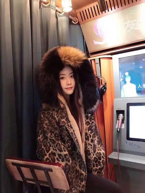 Women Lambs Wool Denim Jacket Female Leopard Thick Winter Cotton-padded Coat