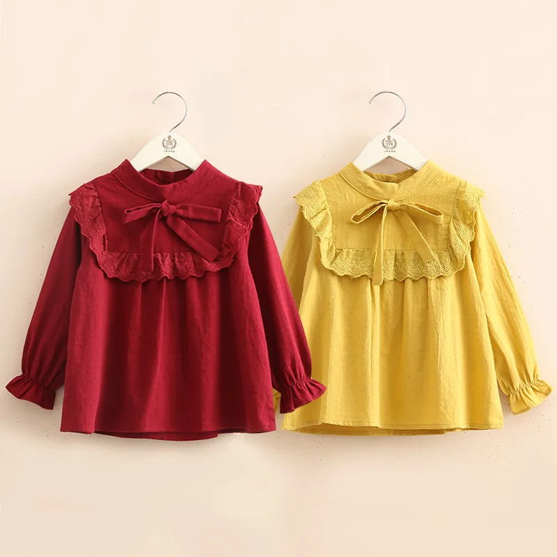 

2022 Spring Autumn 2 3 4 5 6 7 8 9 10 Years Children Long Sleeve Bow Sweet Solid Cotton Blouses Shirts For Kids Baby Girls
