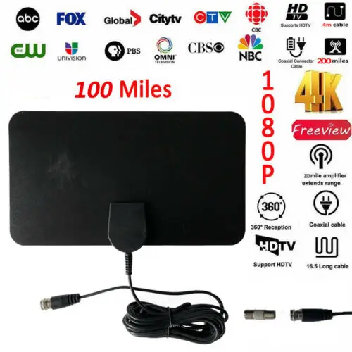 Антенна плоская тонкая 100 миль HD высокой четкости для ТВ TV 1080P 4K D 10 футов кабель