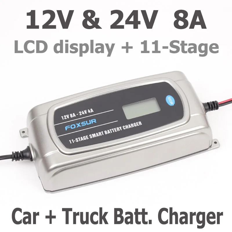 FOXSUR 12V 24V Car Battery Charger with LCD display, 11-stage Smart Battery Charger, Truck Waterproof Lead-Acid Battery Charger