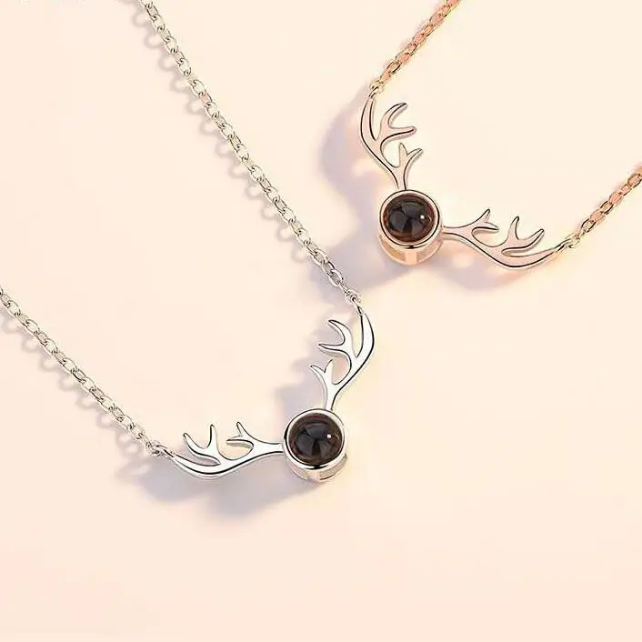 

Lucky Deer Horn Projection Necklace 100 Languages I Love You Romantic Rose Gold Color Short Necklace & Pendant