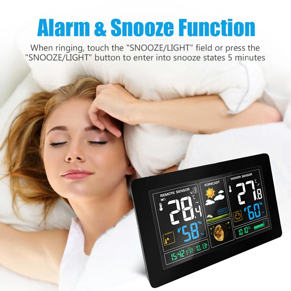 

Wireless Weather Station Forecast Clock Indoor Outdoor Temperature Humidity Sensor Colorful LCD Weather Snooze Clock Hygrometer
