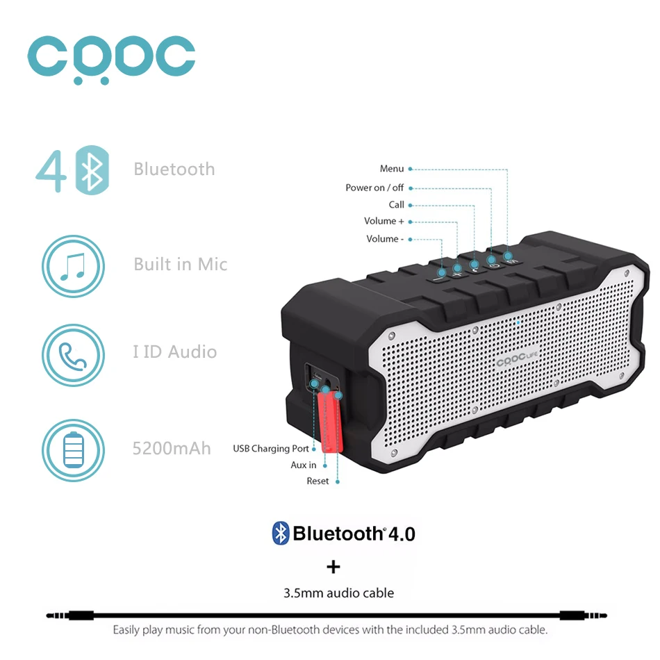 Колонка Bluetooth CRDC для использования на открытом воздухе, портативная, беспроводная, водонепроницаемая, с улучшенными басами, двумя драйверами мощностью 5 Вт каждый, поддержкой A2DP и временем автономной работы до 30 часов.