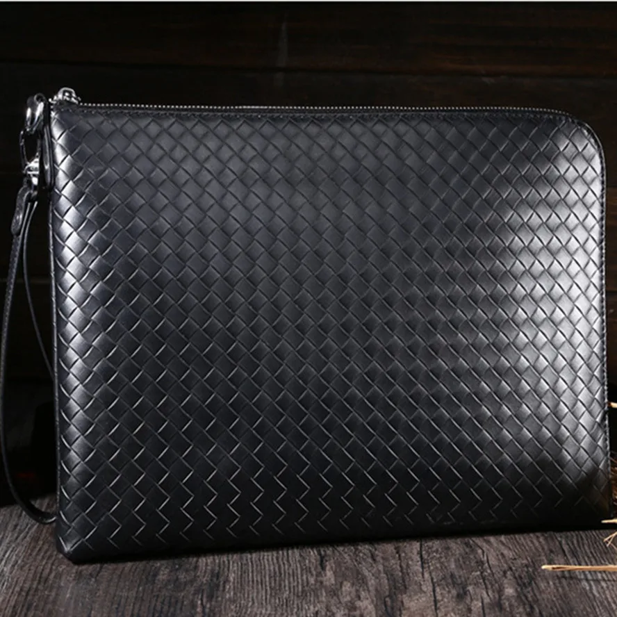 New Vintage Handbags Weaving Genuine leather Men Bag Organizer bags Money Purse Card holder Phone laptop Zipper Storage Handbag