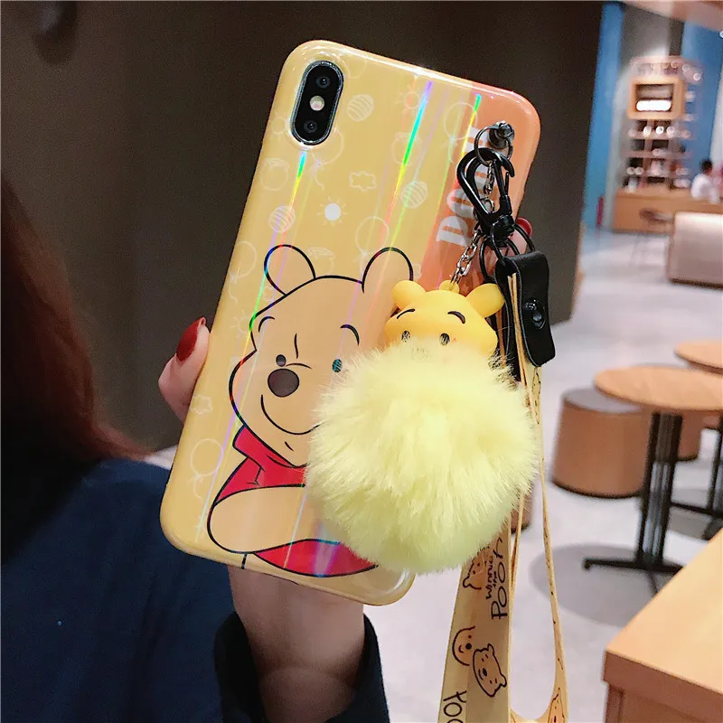 Для iphone XS Max с мультипликационным принтом с Винни-пухом для чехол для телефона, милый чехол с изображением чудовищ для iphone X XS XR 6 7 8 плюс Чехол+ игрушка помпоном+ ремень
