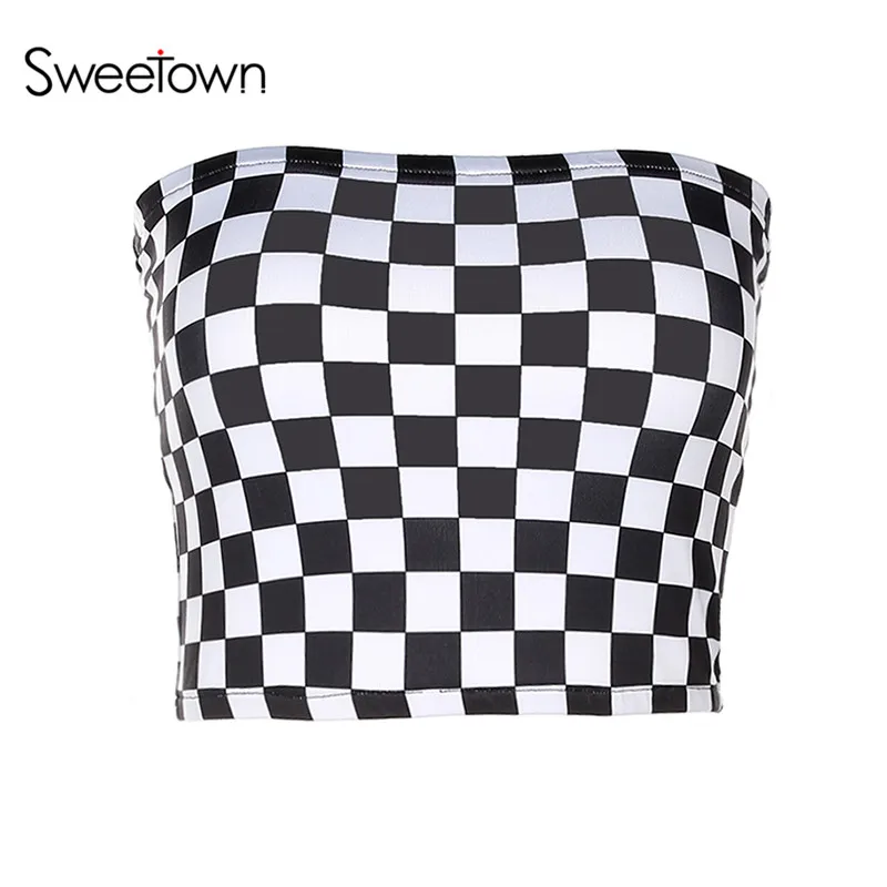 Sweetown, сексуальные топы без бретелек, в клетку, для женщин, Клубная одежда, уличный стиль, с открытыми плечами, бандо, бюстгальтер, топ, летний