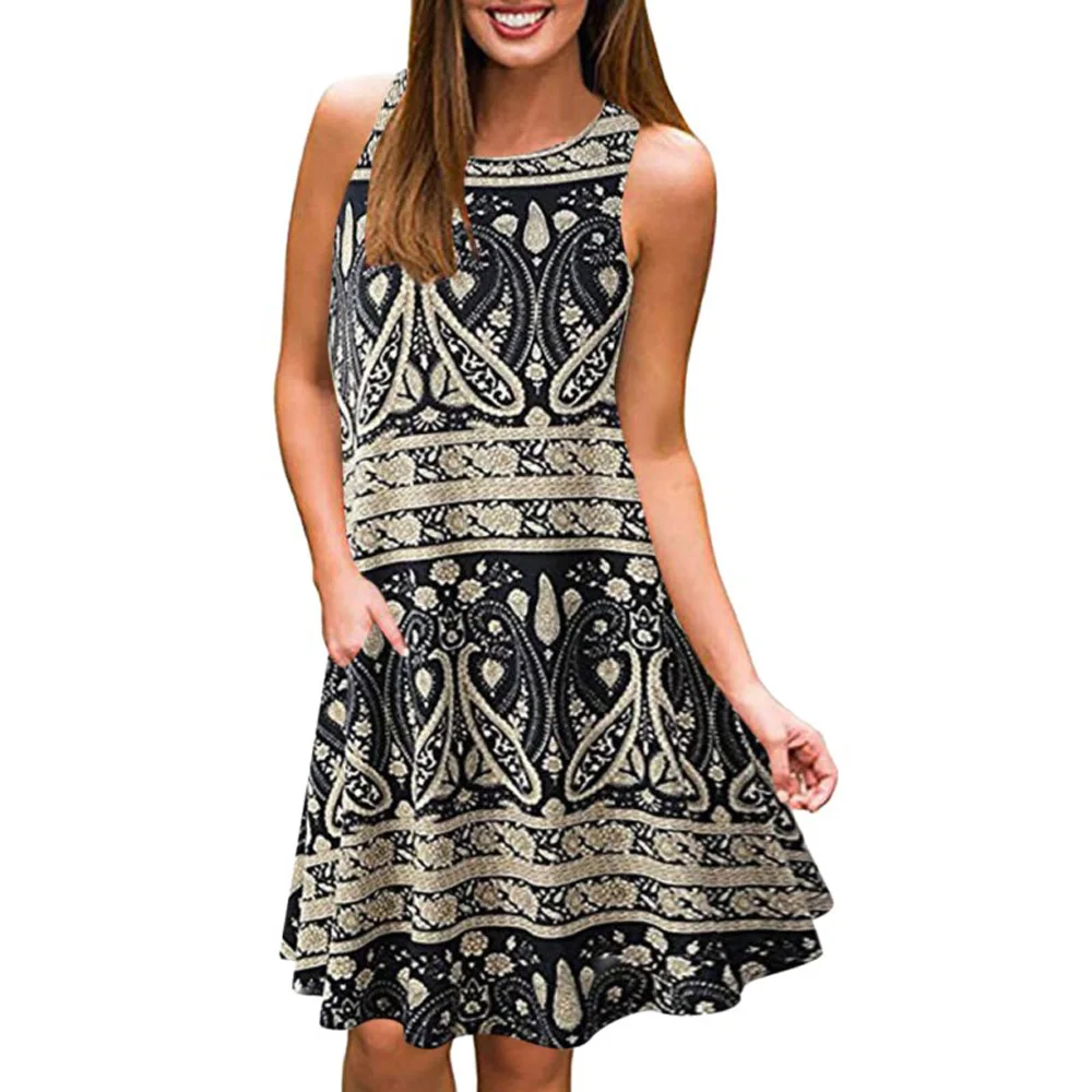 Летнее платье женское сексуальное с круглым вырезом без рукавов Свободный