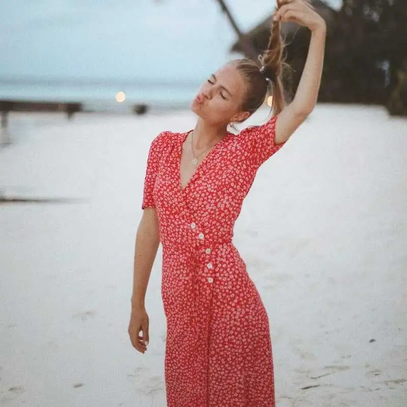 Богемный Вдохновленный 100% вискоза летнее платье женское красное с цветочным