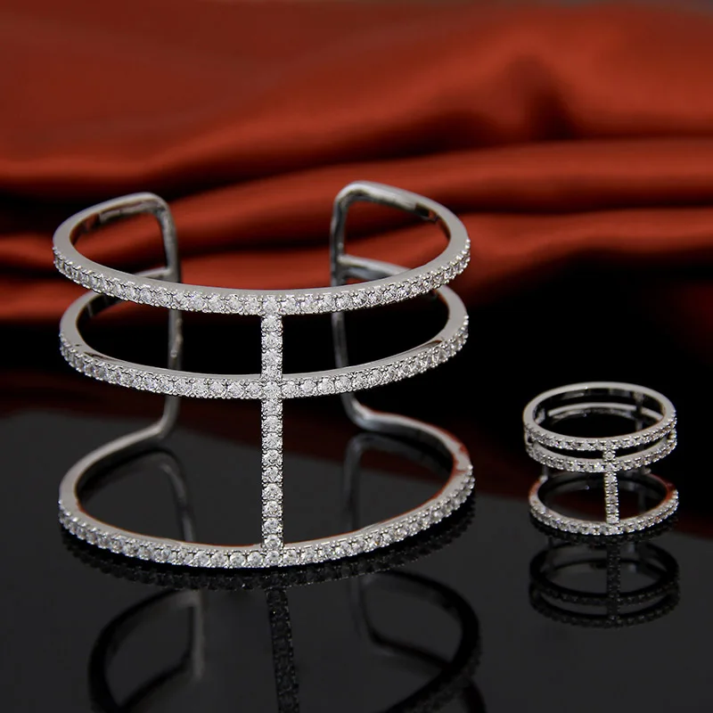 Ring7 Bangle Set LXOEN, роскошные изысканные брендовые кольца, наборы для женщин, модный регулируемый браслет, вечерние Ювелирные наборы, подарок для свадьбы - Окраска металла: Ring7 Bangle Set