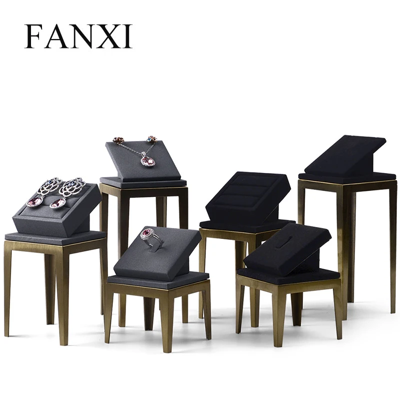 FANXI Новая Металлическая Витрина для украшений, набор, кольцо, ожерелье, серьги, держатель для дисплея, полка с кожаной микрофиброй, ювелирная витрина
