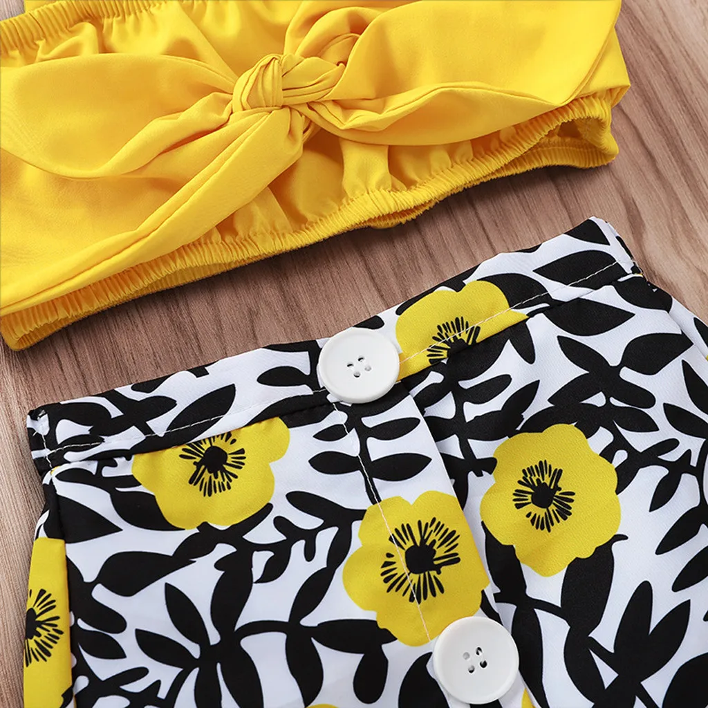 

2019 Summer Fashion Baby Outfits Toddler Kids Baby Girls Strap Bow Tops Floral Print Shorts Outfit