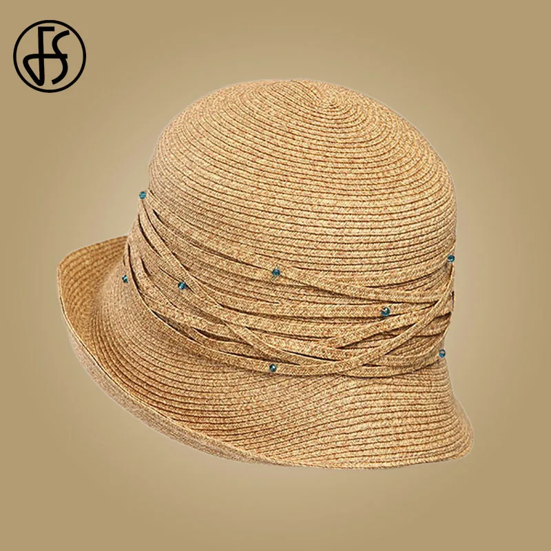 Женская соломенная шляпка от солнца FS пляжная складывающаяся с широкими полями
