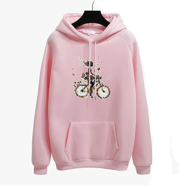bicycle pink Зима Весна толстый теплый длинный рукав толстовка с капюшоном Вышивка розы Женский пуловер повседневные свободные толстовки топы размера плюс - Цвет: bicycle pink