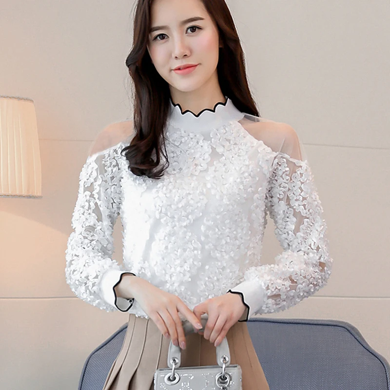 2018 новая популярная Осенняя женская блузка с длинными рукавами блузки кружевные