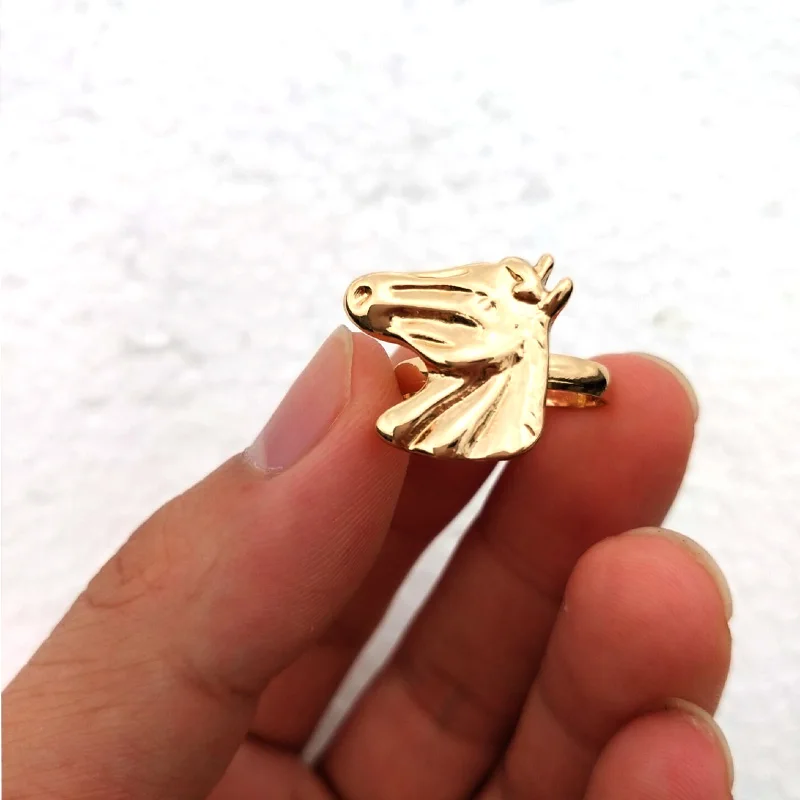 

HZEW gold and silver color horse rings cute horse head ring