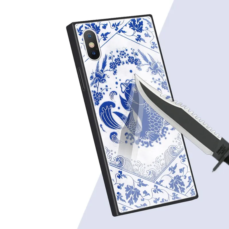 Модное квадратное закаленное стекло чехол для iPhone X 7 8 Plus 6 6S Plus китайский стиль синий и белый фарфор Дракон Феникс Coque