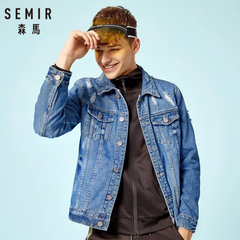 SEMIR Мужская джинсовая куртка из 100% хлопка с разрушением промытая воротником