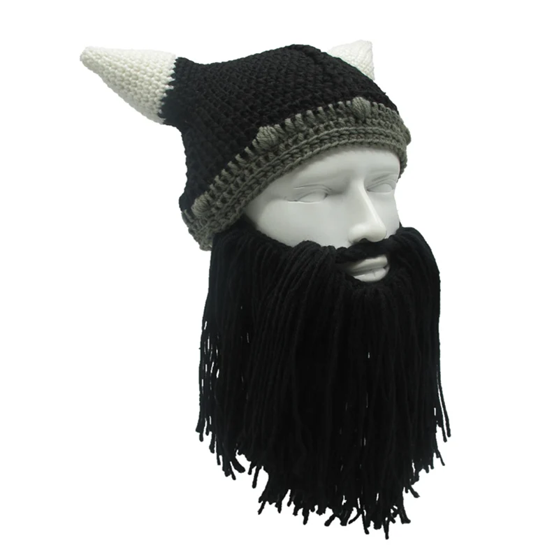 Handmade Wig Beard Viking Beanies Hat Horn Winter Cap For Men Crochet Dad Hat Winter Male Cap Halloween Gifts Party Cap SKullcap