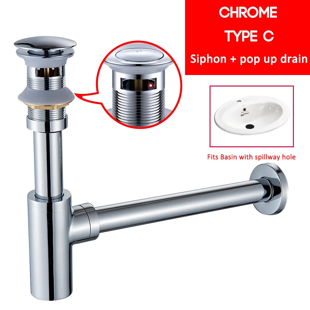Chrome C Quyanre ловушка для бутылок латунь круглый сифон черный хром золото P-TRAP ванная комната туалетный труба РАКОВИНЫ отходов - Цвет: Chrome C