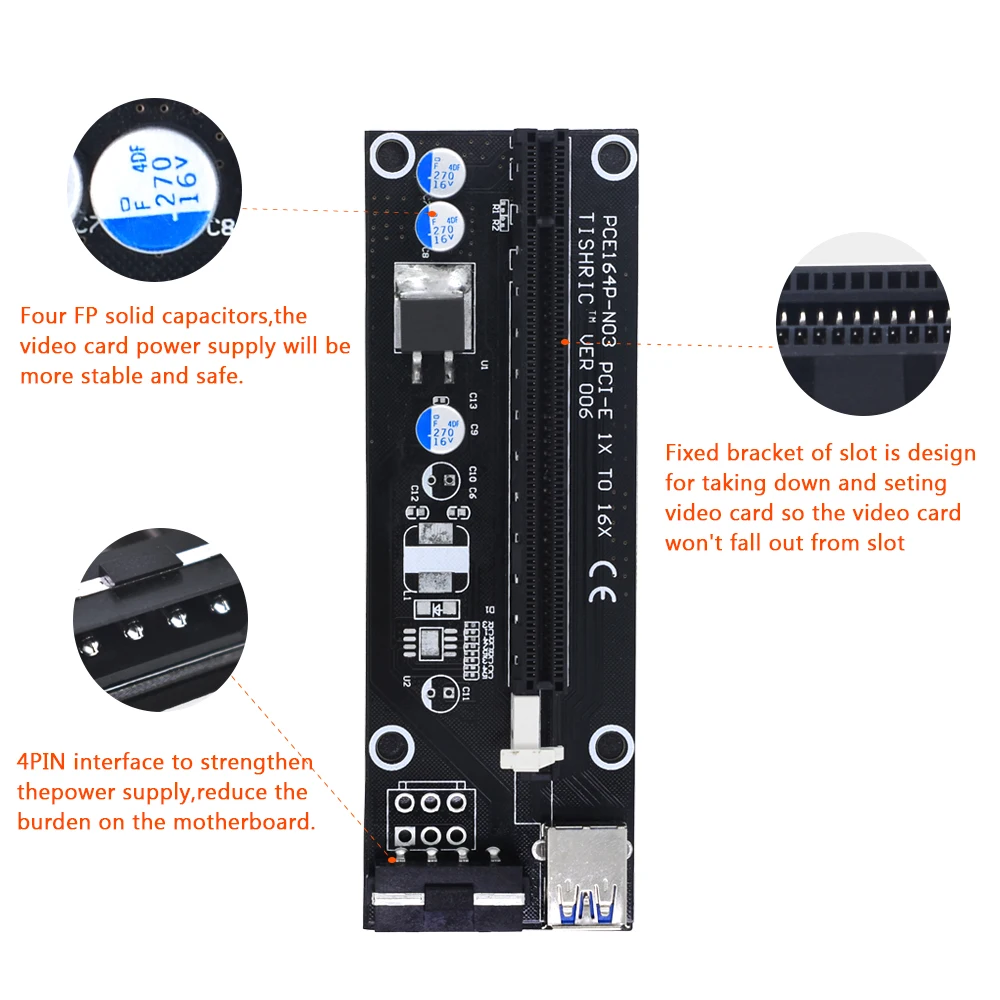 TISHRIC 2017 Новинка VER006 PCI Express Riser Card USB 3 0 PCI-E расширитель 30 см 1x до 16x SATA 4Pin Molex Power для BTC