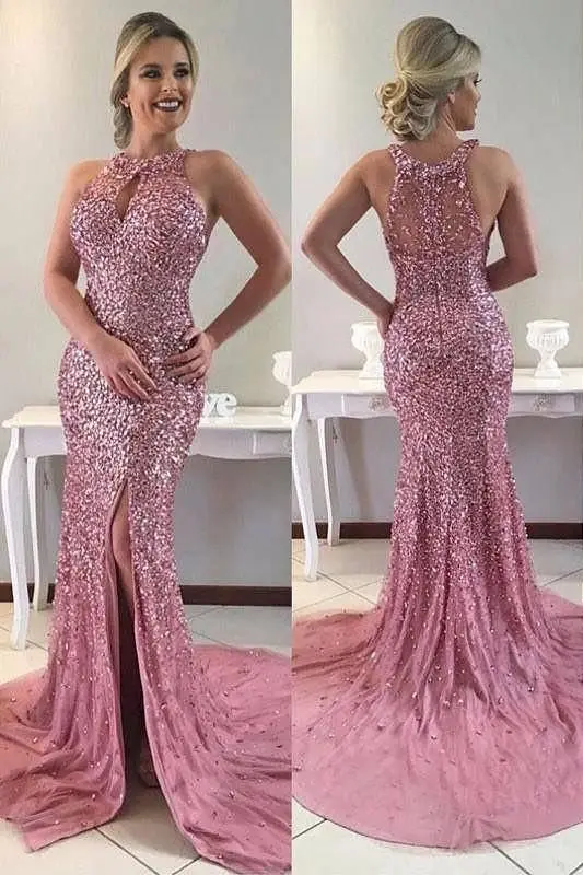 

Stunning Mermaid Prom Dresses Long Sleeveless Crystal Beaded High Slit Party Evening Dress