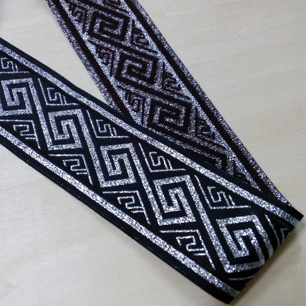 50mm 5cm 2'' Silver Black Shiny Greek Key Costume Laciness Filigree Woven Embroidery National Jacquard Ribbon Brown Line Webbing