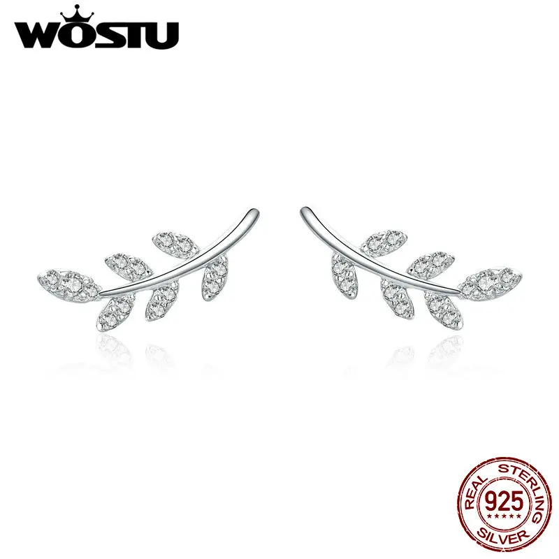 WOSTU, модные подлинные 925 пробы, серебряный, белый цвет, весенний лист, серьги-гвоздики для женщин, модные ювелирные изделия, подарок BNE031