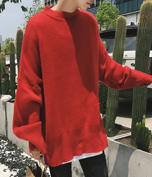 Red as picture Большой вязаный свитер мужской уличная мода Повседневный корейский Свободный круглый воротник мужской вязаный свитер 4 цвета - Цвет: Red as picture