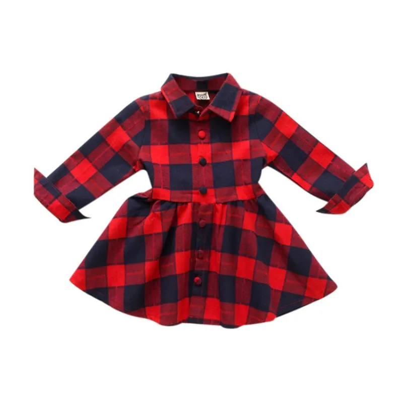 Детское клетчатое платье для девочек хлопковый костюм с длинным рукавом одежда