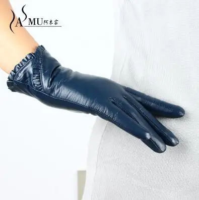 Navy blue Перчатки для сенсорного экрана плюс бархатные теплые зимние перчатки женские кожаные перчатки женские модные брендовые перчатки для вождения варежки из овчины - Цвет: Navy blue