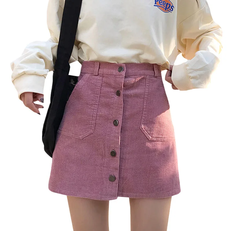 

Nice Pink Black Korean Version Women's Fashion Clothing High Waist Corduroy Student Preppy Pink Skirts Lady Skirt Cute
