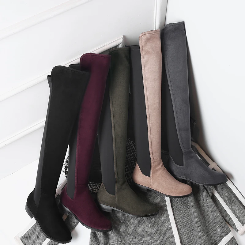 YMECHIC/модные черные женские ботфорты из флока на низком толстом каблуке большие