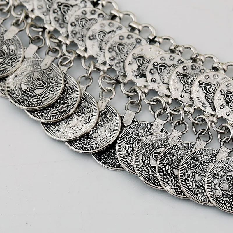 Ретро богемский Цыганский серебряный резной браслет с кисточками для монет