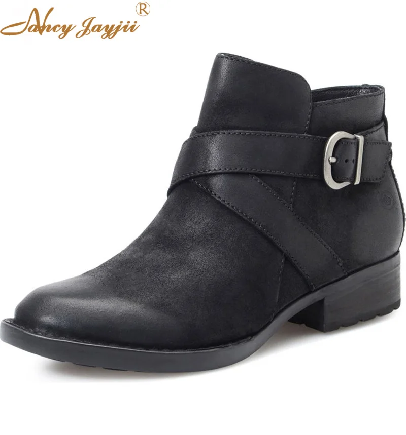 

Nancyjayjii Black Flock Cross-Tied Buckle Women’S Ankle Boots Round Toe Platform Low Heels Winter Ladies Short Booties Shoes