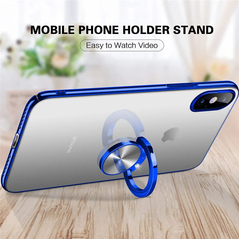 Shockproof For iPhone X XS Max XR 6 7 8 6s Plus Case Slim Plating Clear Transparent Hard PC Cover 360 Magnetic Ring Holder Stand |