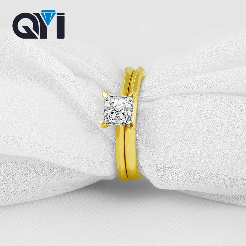 QYI 14K Solid Yellow Gold Solitaire Rings Princess Moissanite Diamond Engagement Women Wedding Ring Set