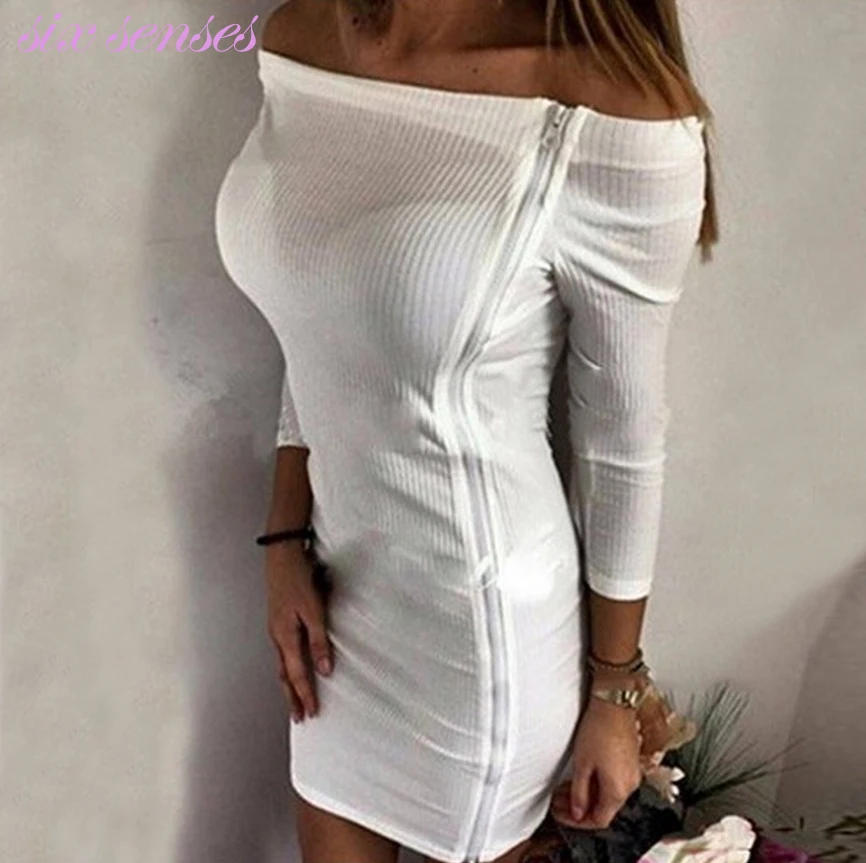 

New fashion women dress europe america spring slash neck three quarter solid white black grey sexy nightclub party dress,HH0097