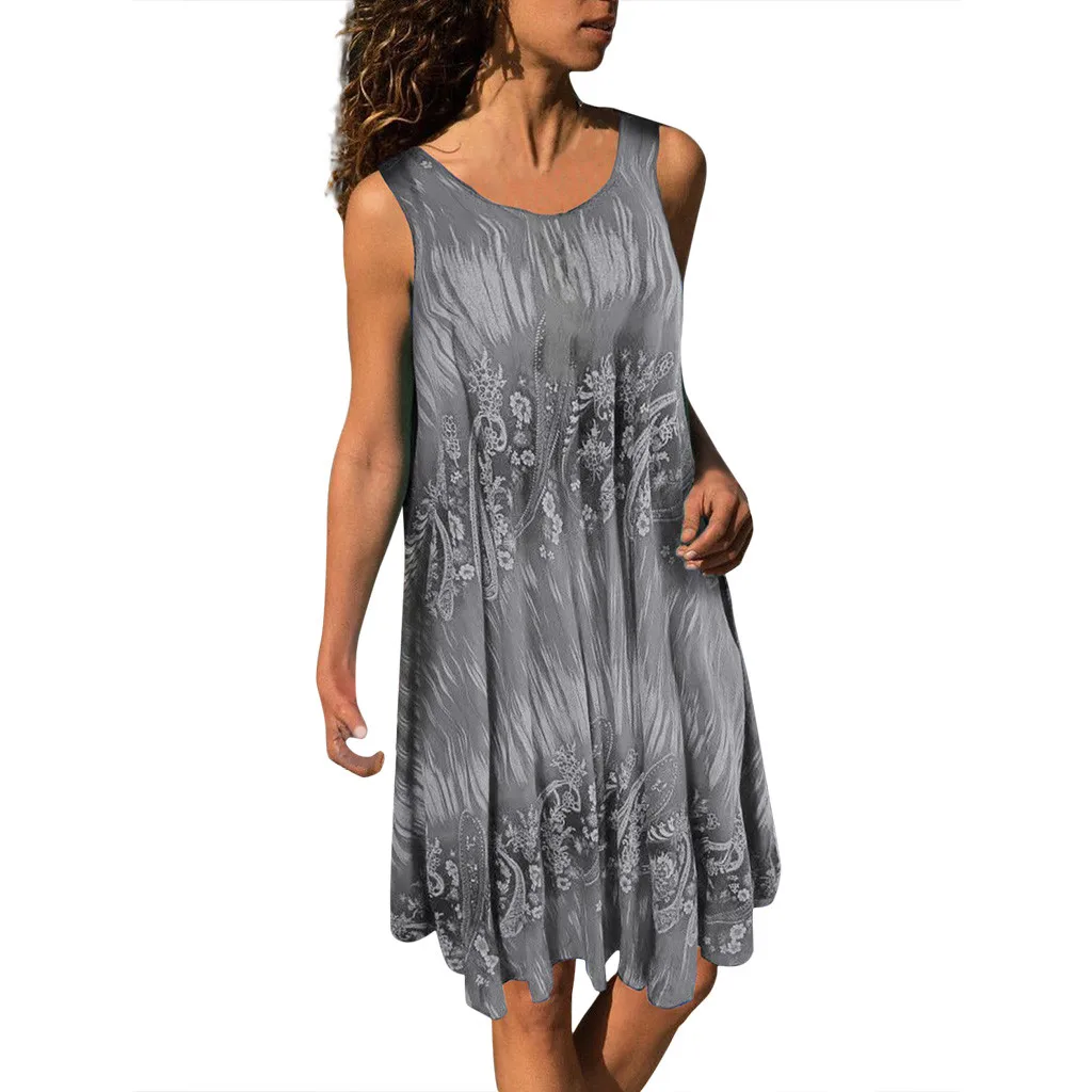 Women Summer Dress 2019 Vintage Sleeveless 3D Floral Print Bohemia Knee Length Dresses For Casual Sundress Party New | Женская одежда