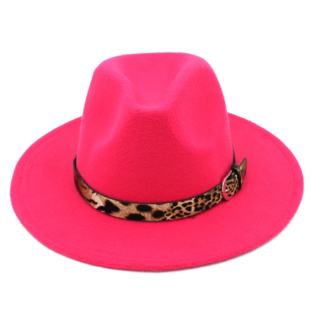 LUCKYLIANJI Leopard Кожаный ремешок сплошной цвет для мужчин женщин шерсть фетр Панама шляпа шляпка с узкими полями(один размер: 57cm-US 7 1/8 - Цвет: Rose