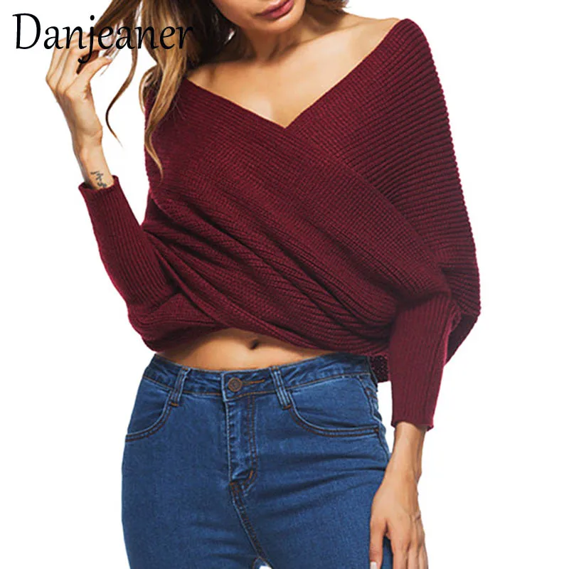 Danjeaner Long Sleeve Sweaters Women 2018 Autumn Sexy Off Shoulder Wrap Knitted Tops V Neck Slim Pullovers Jumper Shawl | Женская одежда