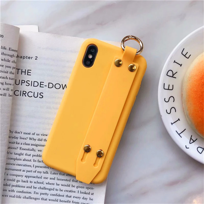 Для iPhone 6, 6 S, 7, 8 Plus, простой карамельный цвет, ремешок на запястье, держатель, мягкий силиконовый чехол для iPhone X, XR, XS, MAX, однотонный чехол