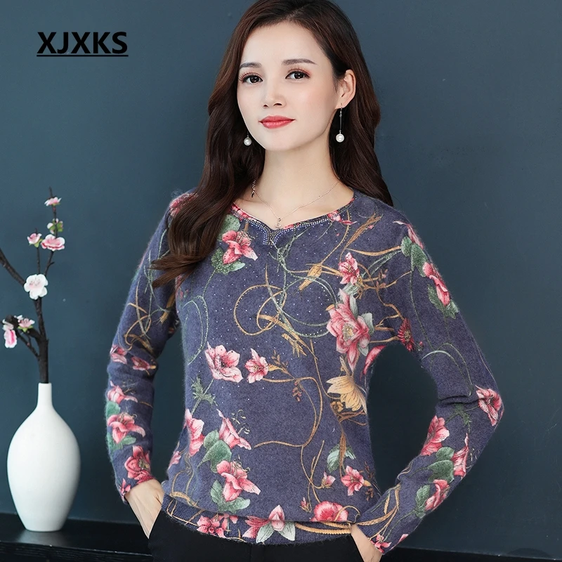 XJXKS Autumn Sweaters Mink Cashmere Pullover Women Knitted Oversized Sweater Reactive Printing Gorgeous | Женская одежда