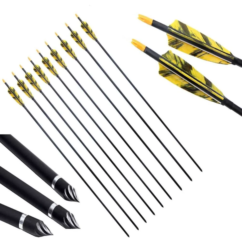 PG1ARCHERY желтый 30 дюймов карбоновые стрелы с 4 щит перья Fletching и съемные точки советы