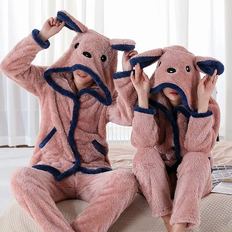 JINUO New Arrival 4 Styles Winter Young Couples Coral Fleece Thicken Pajama Sets Lovers Cartoon Warm Soft Home Wear Sleepwear | Мать и