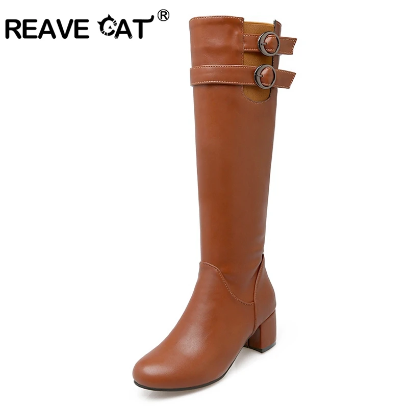 Женские ботинки из искусственной кожи REAVE CAT сапоги до колена на молнии и высоком