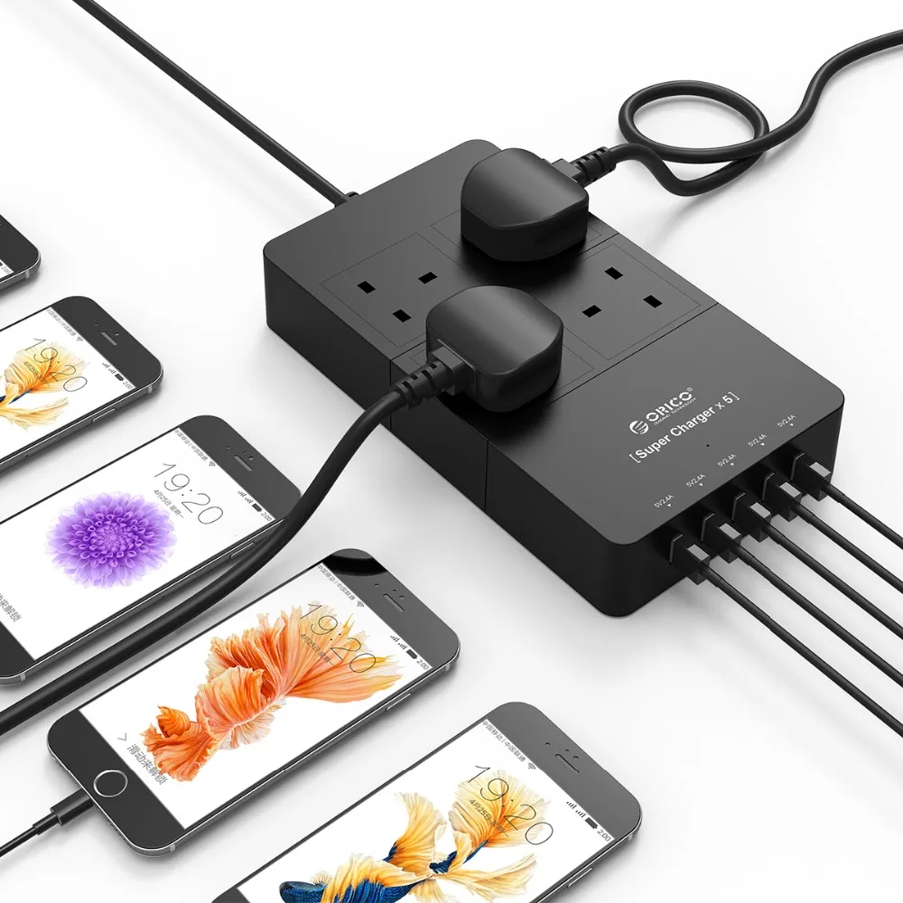 Оригинальная Черная лента питания ORICO 4 гнезда 5 USB 2 А поддержка быстрой зарядки
