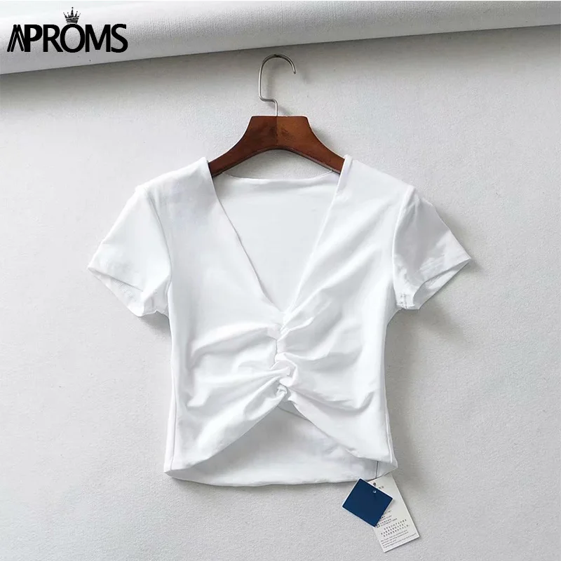 Aproms сексуальный короткий топ с рюшами и v-образным вырезом Женская белая Базовая футболка классная хлопковая стрейчевая тонкая укороченная футболка для девочек Женский Топ - Цвет: Белый