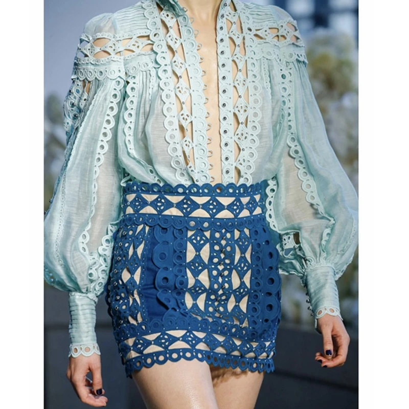 New Summer Women Blue White Beading Skirts Short Mesh Hollow Out Patchwork Clubwear Causal Fashion Party Night Wholesale