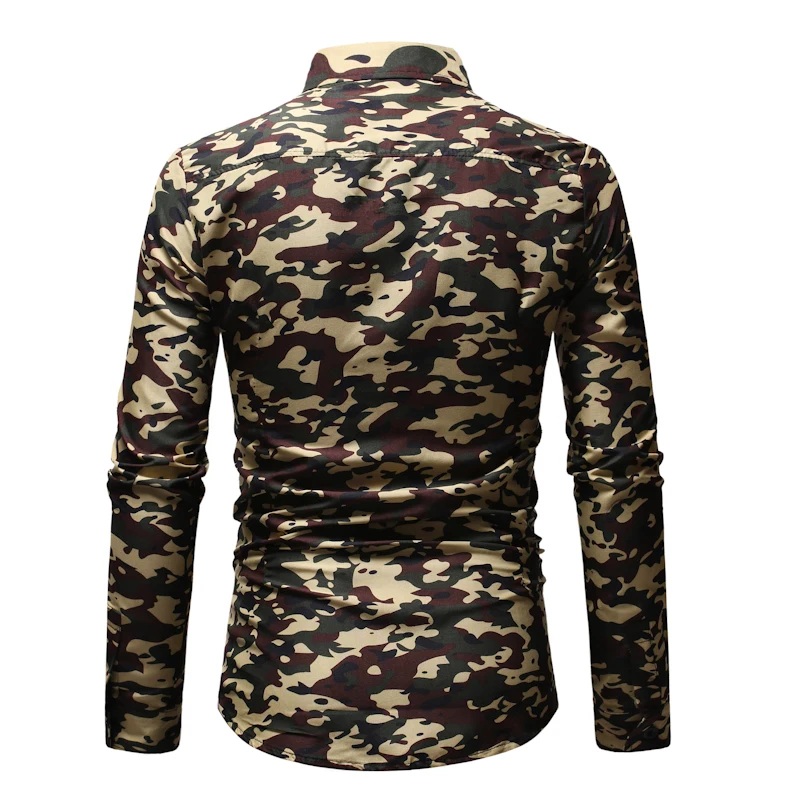 2019 модные брендовые рубашки-милитари для мужчин Slim Fit Chemise Homme камуфляжная Мужская